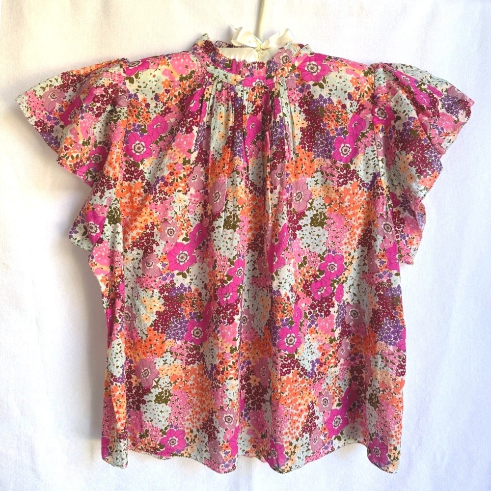 Trovata Birds of Paradis Floral Flutter Sleeve Blouse‎ XS Pink Mock Neck $295